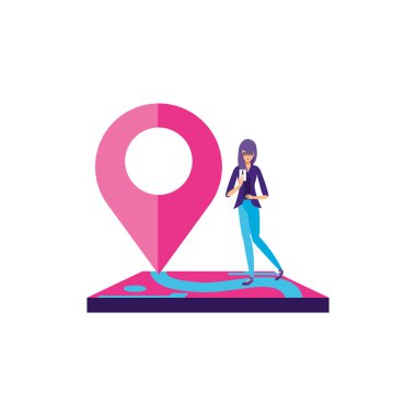 Pim işaretleyici konumuna sahip akıllı telefon kullanan kadın