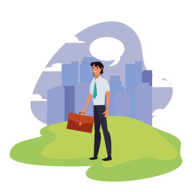 evrak çantası ayakta şehir arka plan ile işadamı