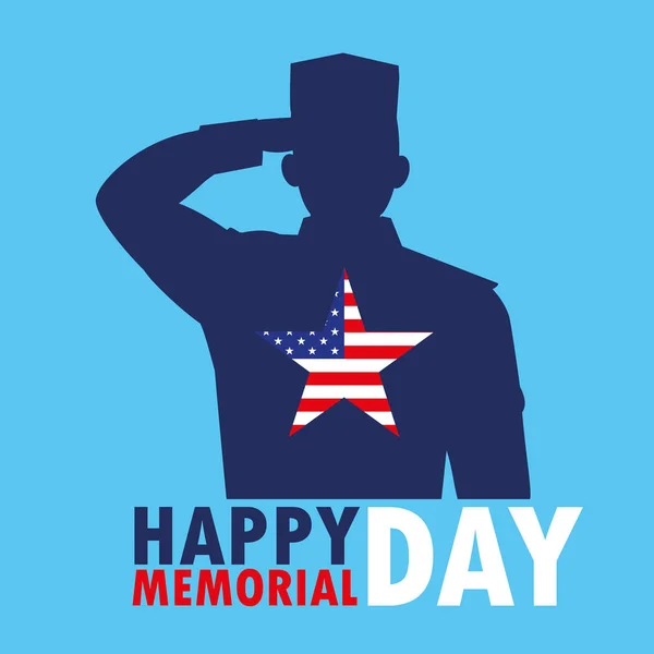 Happy memorial day card with silhouette of military and star — Stock Vector