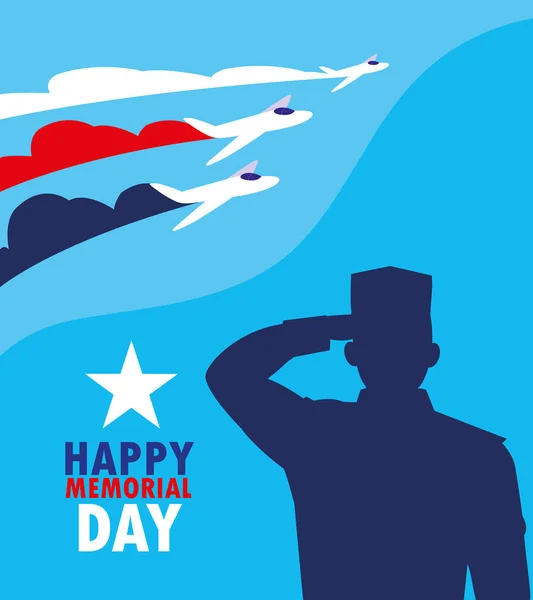 Happy memorial day card with silhouette of military and airplanes — Stock Vector