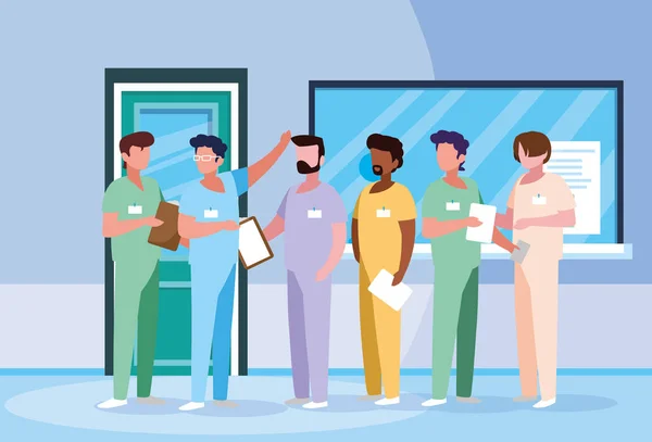 Ομάδα ιατρών στο χαρακτήρα avatar του νοσοκομείου — Διανυσματικό Αρχείο