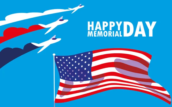 Happy memorial day card with flag usa and airplanes — Stock Vector