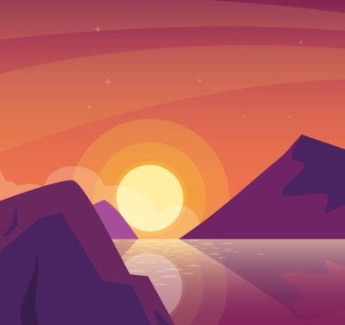 sunset landscape with lake scene icon