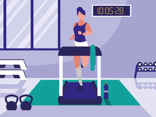 Mujer con máquina de correr en el gimnasio — Vector de stock