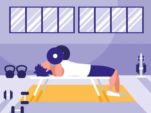 Joven levantando pesas en el gimnasio — Vector de stock