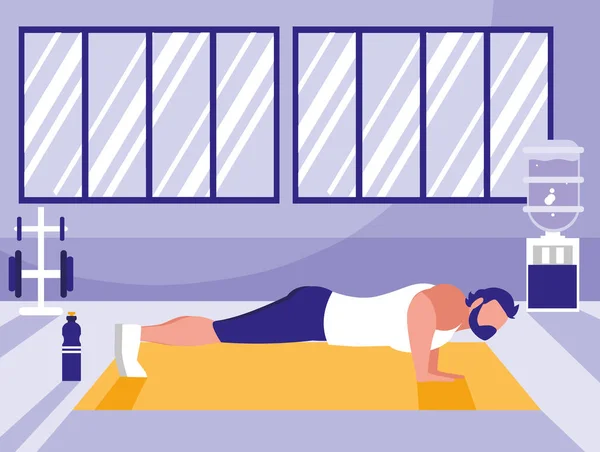 Joven atlético hombre haciendo pecho flexiones en gimnasio — Vector de stock