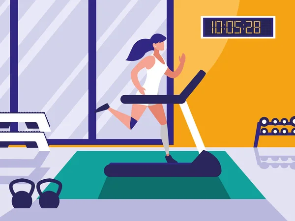 Mujer con máquina de correr en el gimnasio — Vector de stock