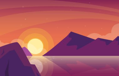 sunset landscape with lake scene icon