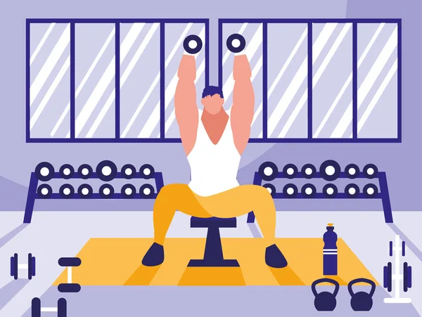 Jeune homme levant haltères dans la salle de gym — Image vectorielle