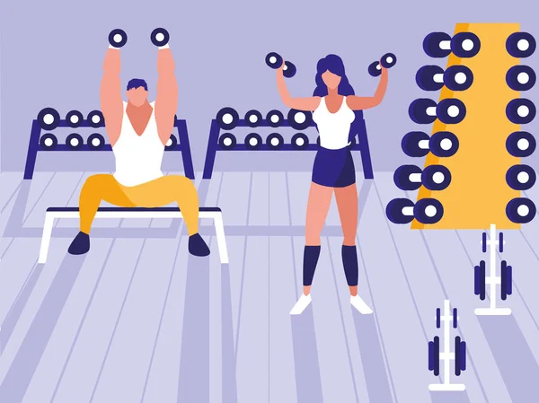 Jeune couple athlétique soulevant haltères dans la salle de gym — Image vectorielle