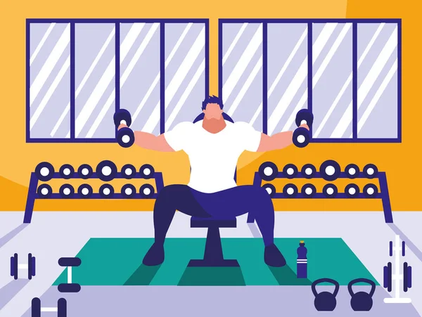 Jeune homme levant haltères dans la salle de gym — Image vectorielle