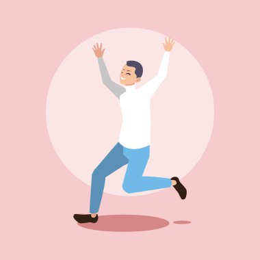 Genç adam mutlu zıplayan Avatar karakteri