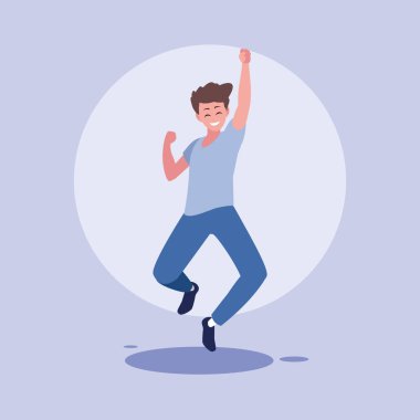 Genç adam mutlu zıplayan Avatar karakteri