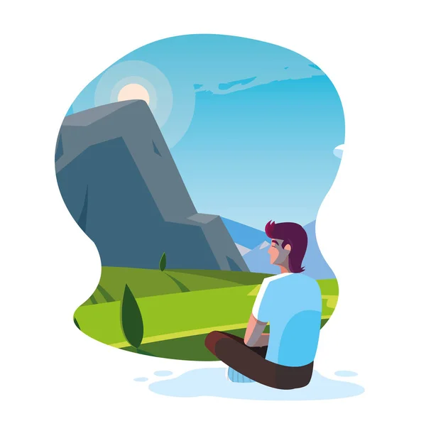 Man seated observing landscape mountainous — Stock Vector