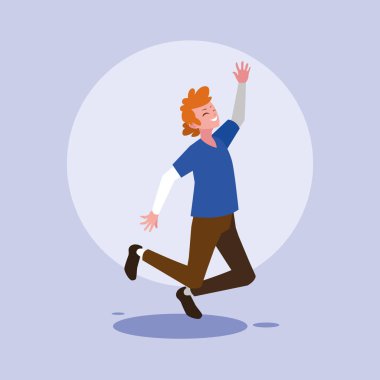 Genç adam mutlu zıplayan Avatar karakteri