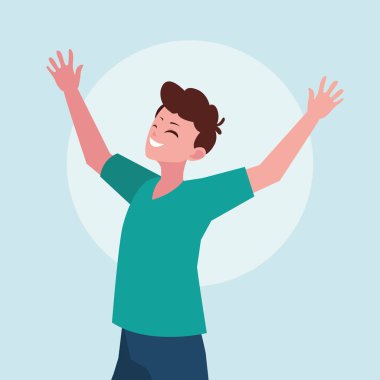 Genç adam el kaldırarak mutlu bir kutlama yapıyor.