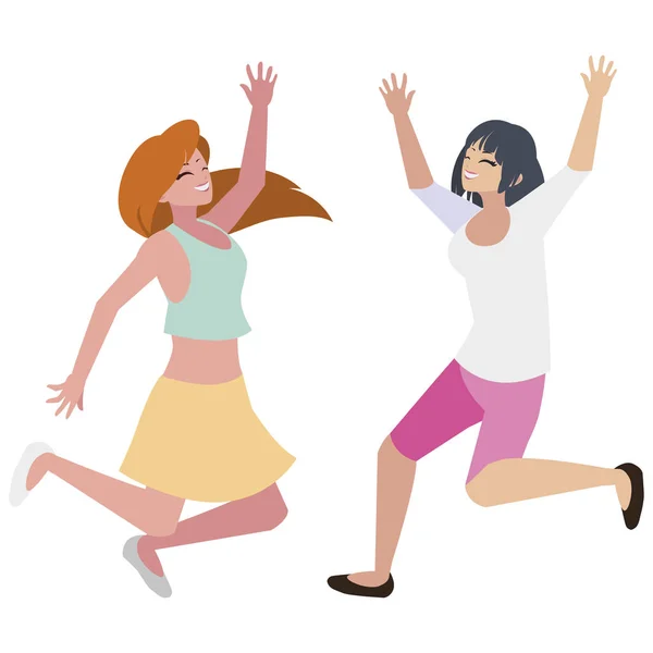 Mujeres jóvenes felices celebrando personajes — Vector de stock