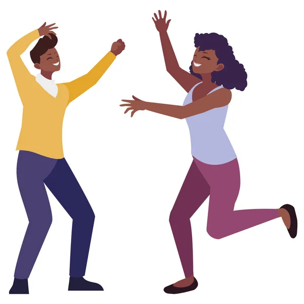 Afro joven pareja celebrando personajes — Vector de stock