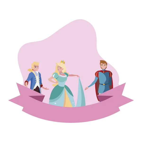 Hermosa princesa con príncipes de cuentos personajes — Vector de stock