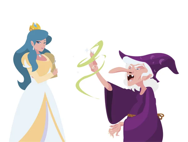 Hermosa princesa con personajes de bruja de cuentos — Vector de stock