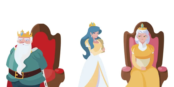 Princesa com rainha e rei no trono de personagens contos —  Vetores de Stock