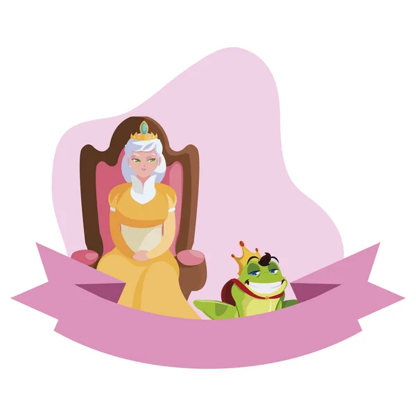 Rainha no trono com personagens de príncipe sapo — Vetor de Stock
