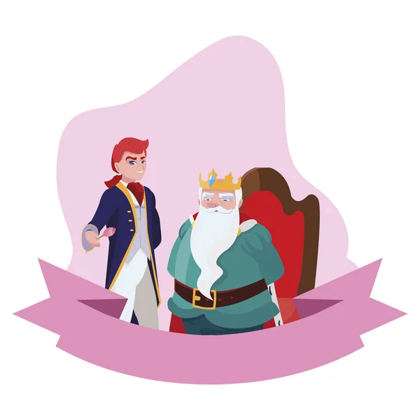 Príncipe encantador con el rey en el trono personajes — Vector de stock