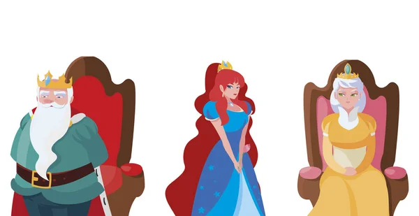 Princesa con reina y rey en el trono de los cuentos de carácter — Archivo Imágenes Vectoriales