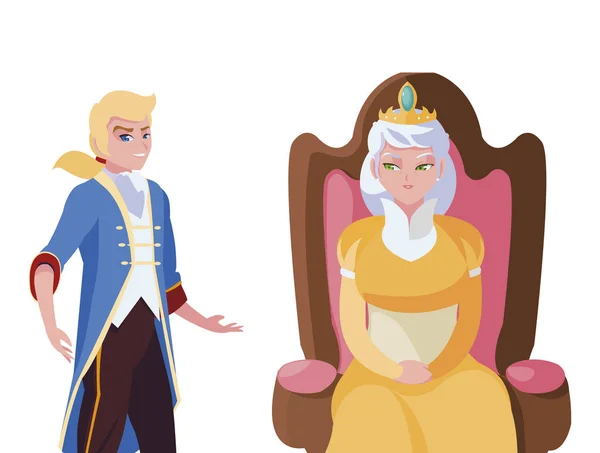 Prince charming with queen on throne characters — стоковый вектор