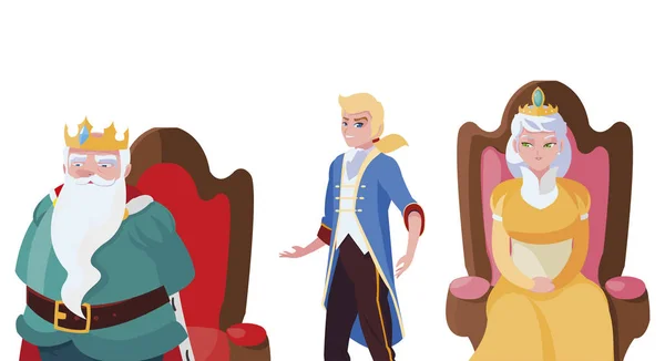 Prince charming with queen and king on throne characters — стоковый вектор