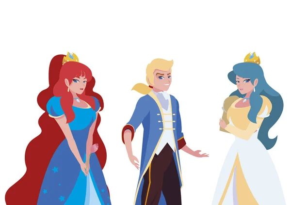 Príncipe encantador e duas princesas de personagens contos — Vetor de Stock