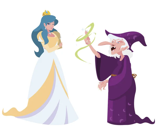 Hermosa princesa con personajes de bruja de cuentos — Vector de stock