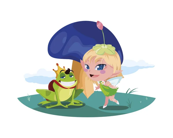Beautiful magic fairy with toad prince in the garden — Stock Vector
