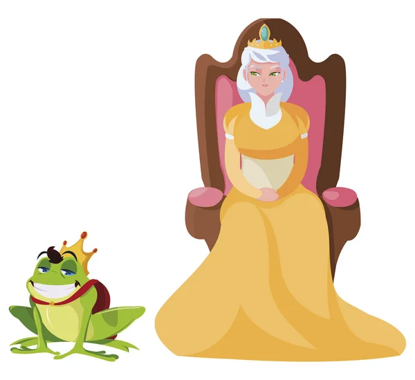 Королева на троне с персонажами жаб-принцев — стоковый вектор