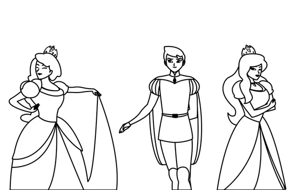 Príncipe encantador y dos princesa de cuentos personajes — Vector de stock