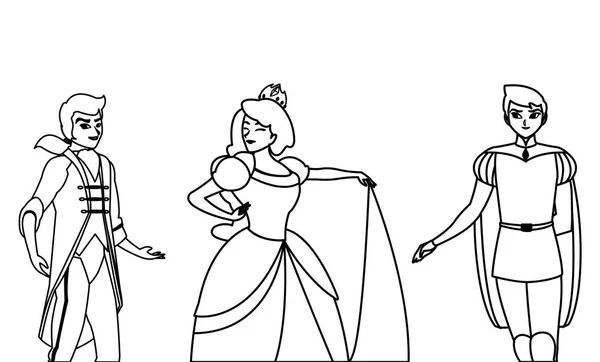 Hermosa princesa con príncipes de cuentos personajes — Vector de stock