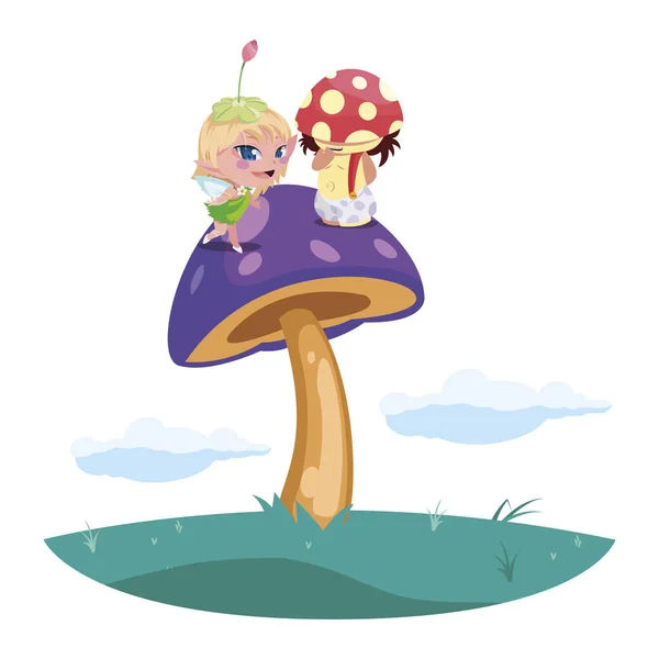 庭の美しい魔法の妖精と真菌のエルフ — ストックベクタ