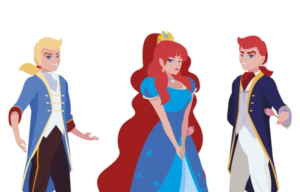 Hermosa princesa con príncipes de cuentos personajes — Vector de stock