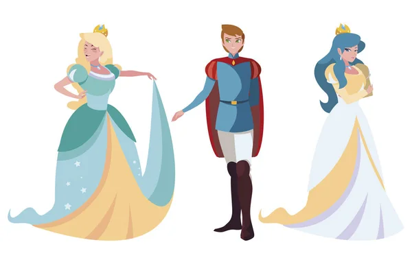 Принц очаровательный и две принцессы сказок персонажей — стоковый вектор