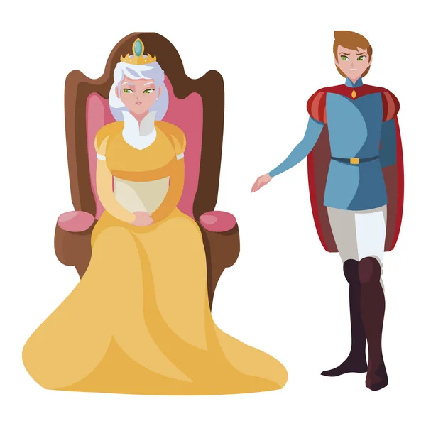 王子 迷人 与 女王 在 宝座 字符 — 图库矢量图片