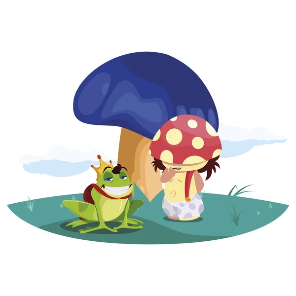 Bahçede kurbağa prens ve fungu elf — Stok Vektör