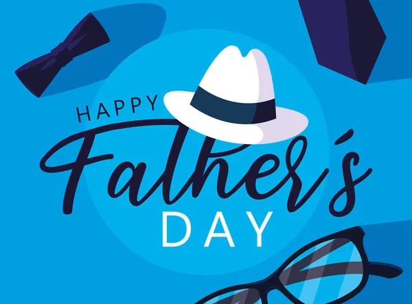 Щаслива листівка дня батька з джентльменським капелюхом та іконами — стоковий вектор