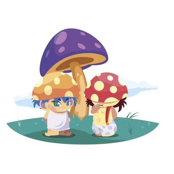 Elfy grzybów w ogrodzie magiczne postacie — Wektor stockowy