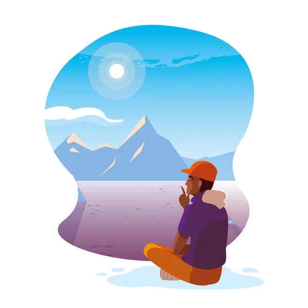 Afro hombre sentado observando la naturaleza del paisaje de nieve — Vector de stock