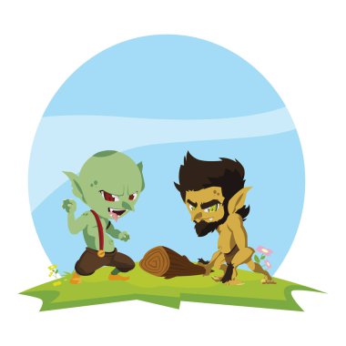 kamp sihirli karakterler mağara adamı gnome ile çirkin troll