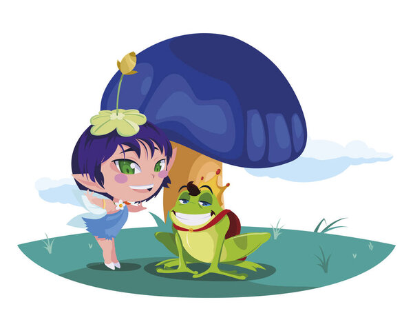 красивая волшебная фея с жабой князем в саду
