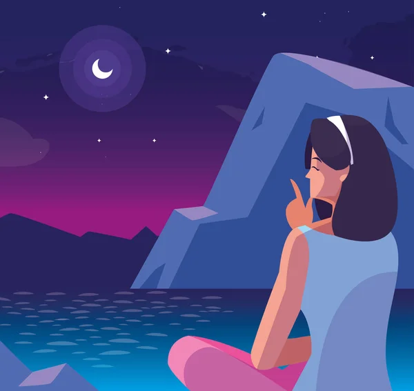 Kobieta siedzi obserwując nocny pejzaż z jeziorem — Wektor stockowy