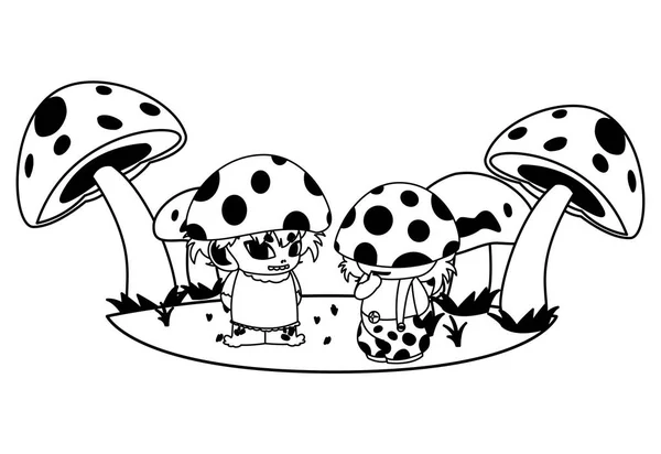 Elfy grzybów w ogrodzie magiczne postacie — Wektor stockowy