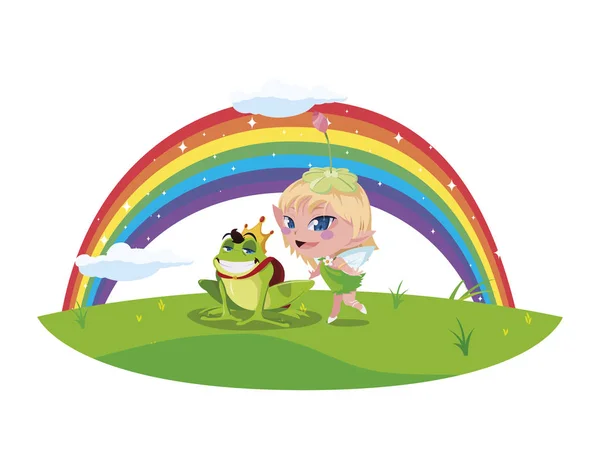 Beautiful magic fairy with toad prince and rainbow — Stock Vector
