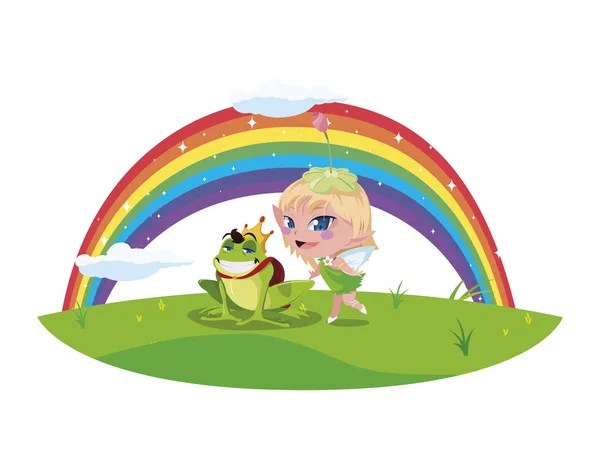 Hermoso hada mágica con sapo príncipe y arco iris — Vector de stock